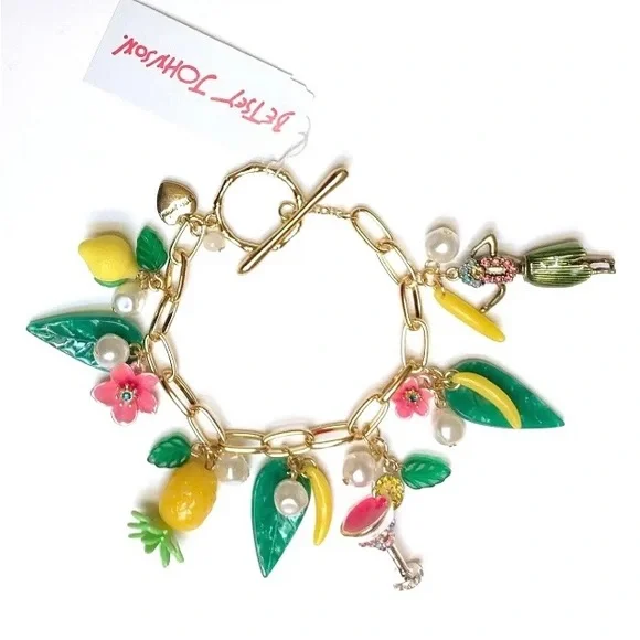 NWT Betsey Johnson💋ISLAND TIME HULA Gold Tone Stone/Faux Pearl Toggle Bracelet - Picture 2 of 9